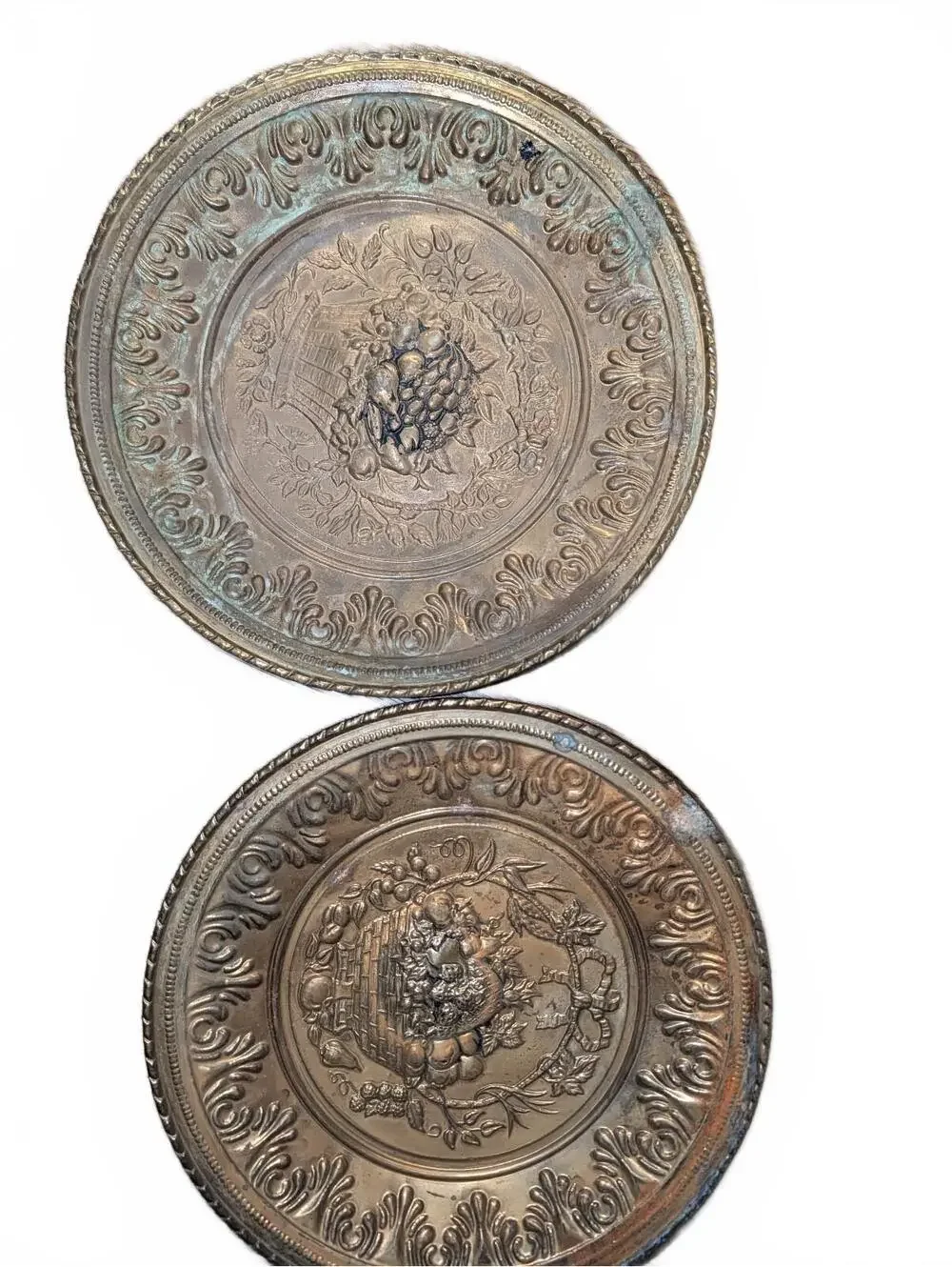 Vintage Decorative Metal Wall Plates with Fruit Basket Motif - Set of 2